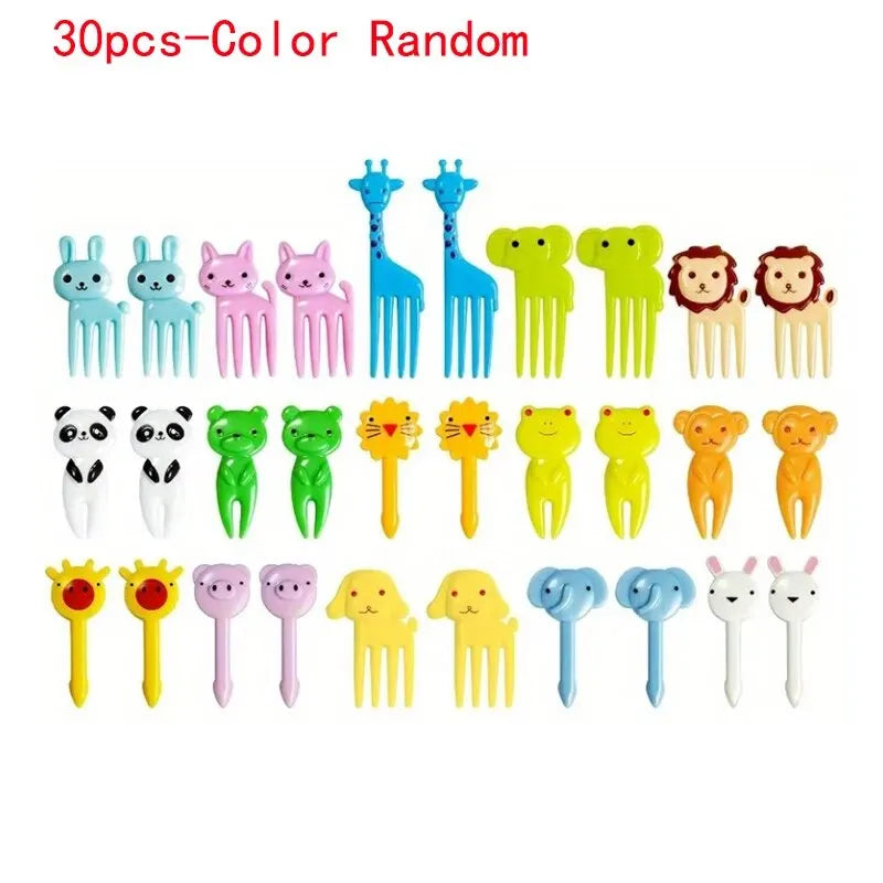 30-Pc Cartoon Animal Fruit Forks | Cute Bento Box Picks