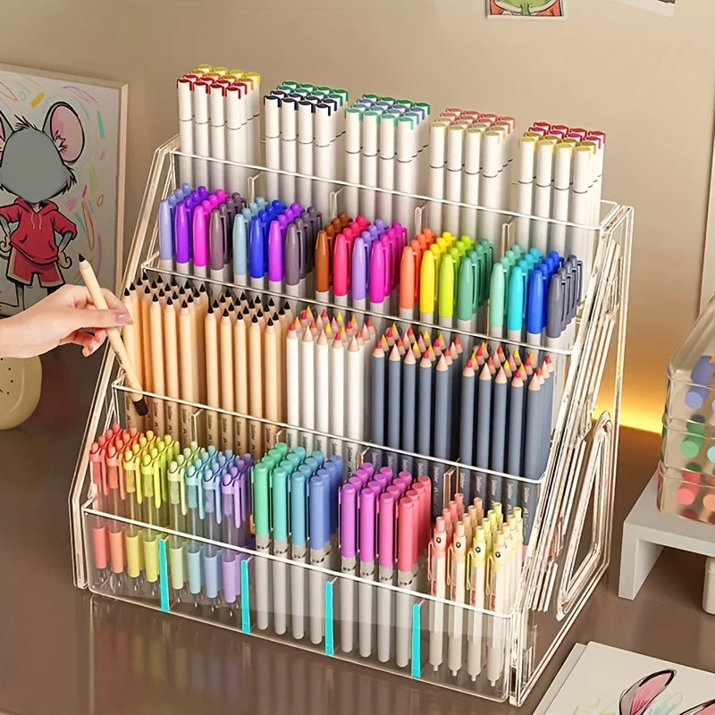 Acrylic Pen Organizer Multi-Grid Desk Caddy – Large Capacity