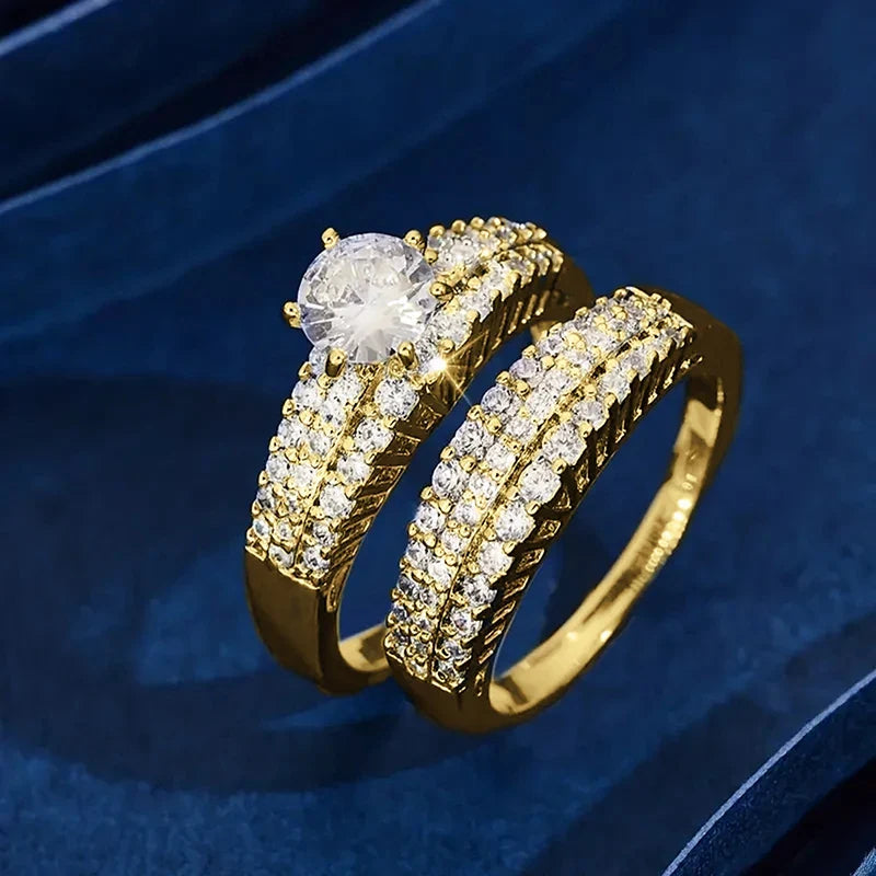Huitan 6-Claw CZ Bridal Ring Set – 2Pcs Wedding Bands