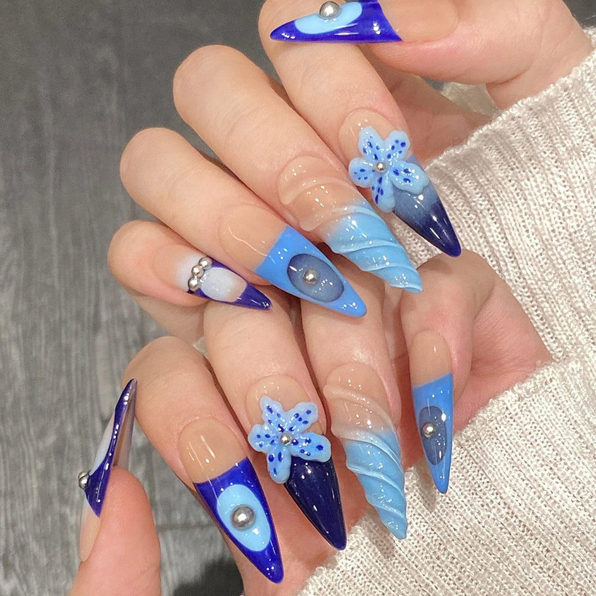 Press-On Nails Sea Blue Starfish 3D Pearl Long Pointed French Tips