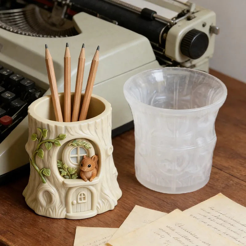 Fairy Tale Tree Stump Squirrel Planter Silicone Mold DIY Cement Resin