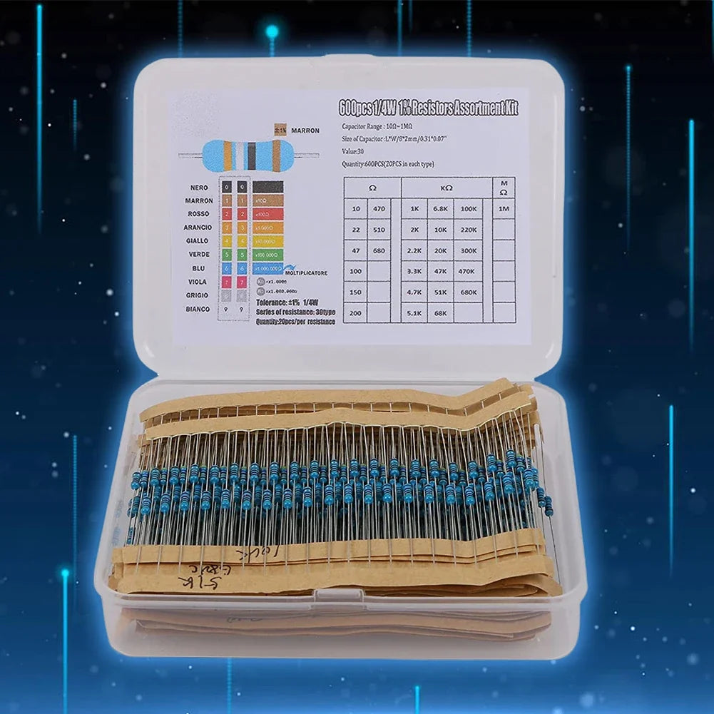 300/600pcs Metal Film Resistor Kit – 30 Values 1% 1/4W 10R–1M