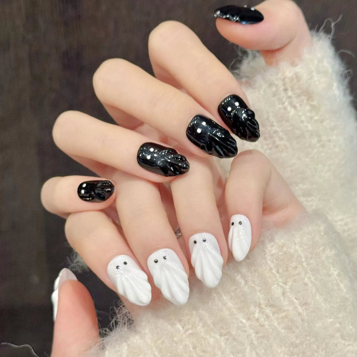 Halloween Ghost Press On Nails | 3D Almond Fake Nails Set 10pc