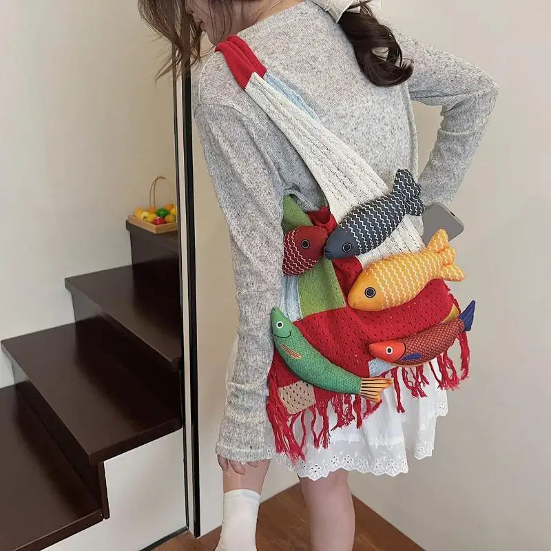 Tassel Knit Fish Tote Bag – Casual Shoulder Handbag for Women
