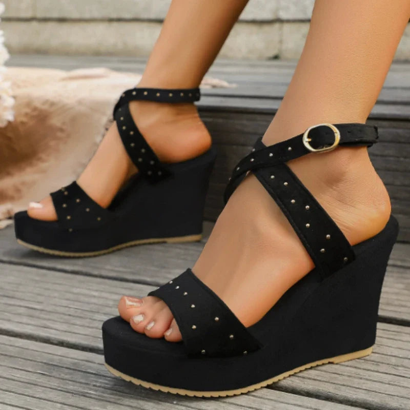Women's Wedge Platform Sandals – Open Toe Rivet Buckle Straps