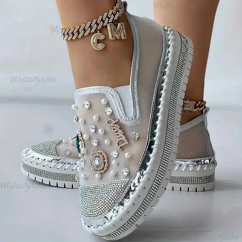Women's Pearl Rhinestone Flat Loafers – Slip-On Summer Shoes
