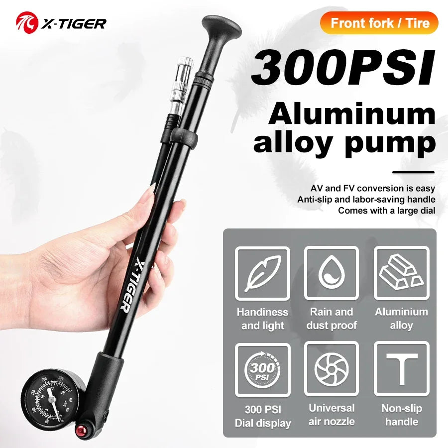 X-TIGER 300PSI Portable Bike Pump with Pressure Gauge | AV/FV