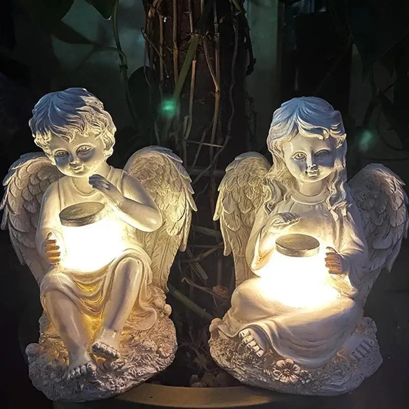 European Angel Statue Solar Garden Décor – Boy & Girl Resin