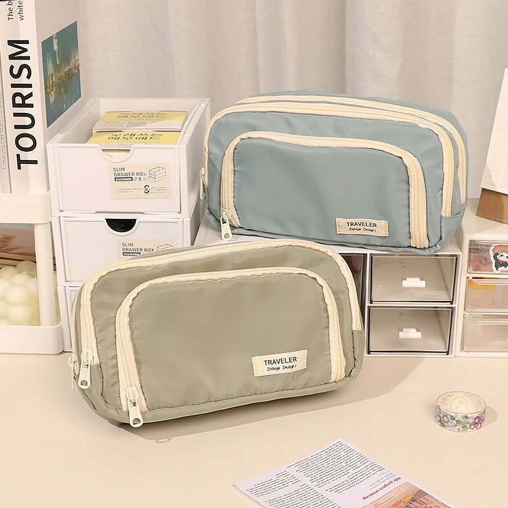 Three-Layer Zipper Pencil Case | Canvas Stationery Organizer