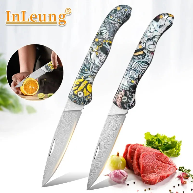 Damascus Steel Folding Pocket Knife – Sharp Blade, Resin Handle