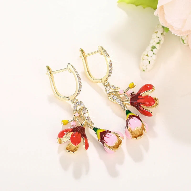 Huitan Colorful Flower Drop Earrings – Gold Cubic Zirconia