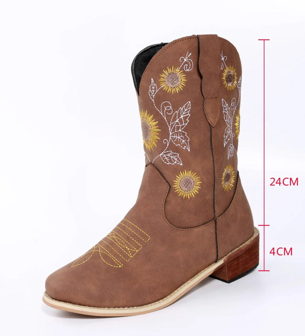 Women's Embroidered Floral Mid-Calf Western Cowboy Boots