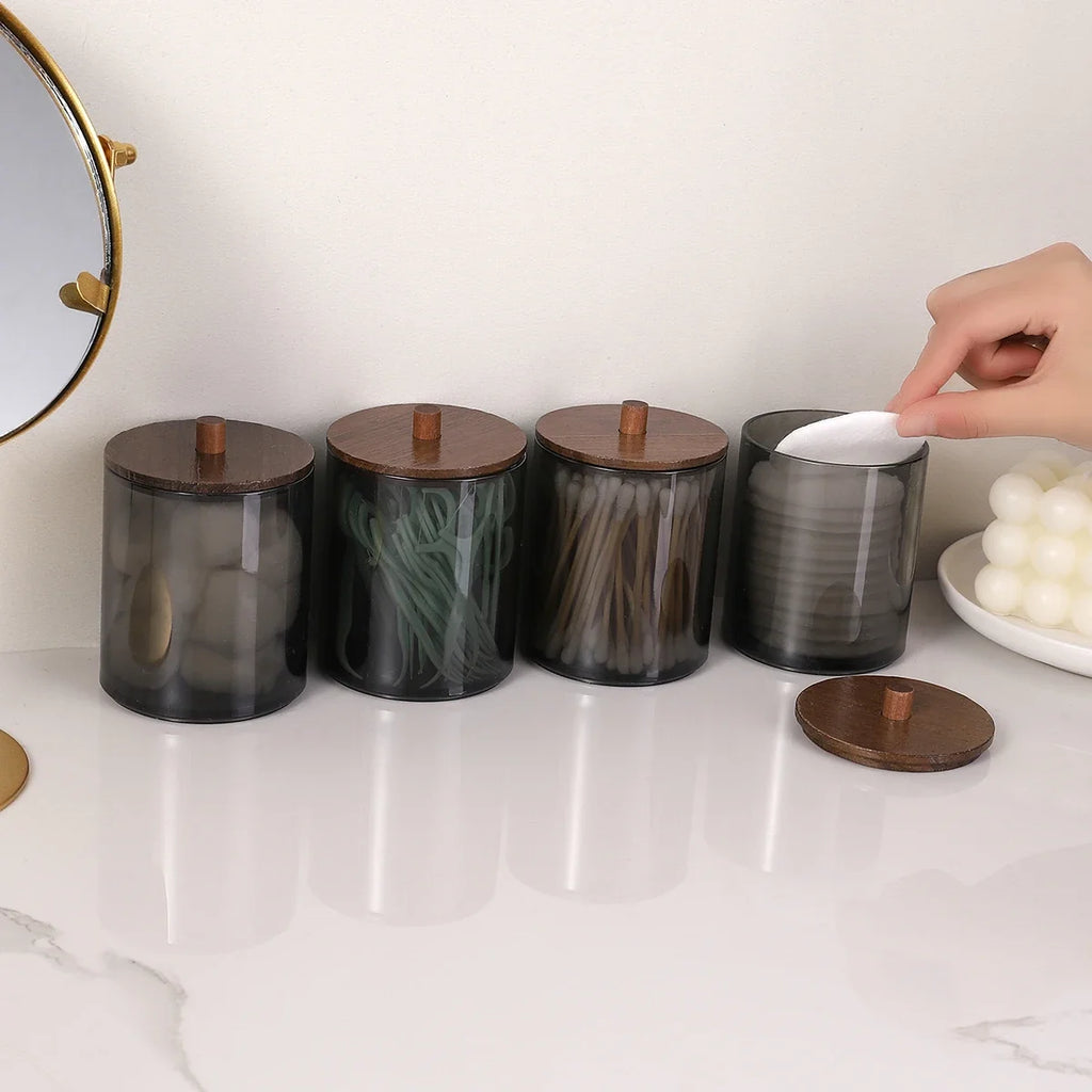 Cotton Swab Holder Black Cups Walnut Stained Wood Lids Pill Jar