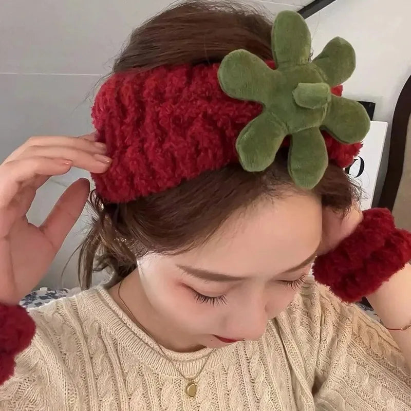 Strawberry Terry Cloth Headband & Wristband Set – 3 Pcs