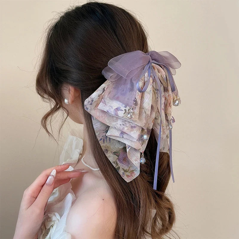 Floral Bow Bead Shark Clip – French Elegant Hair Claw