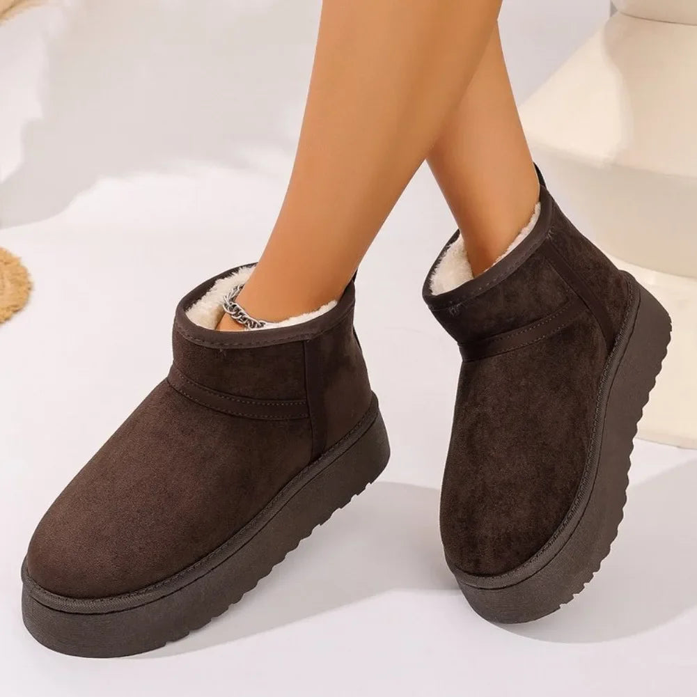 Women's Plush-Lined Ankle Snow Boots – Faux Suede Slip-On
