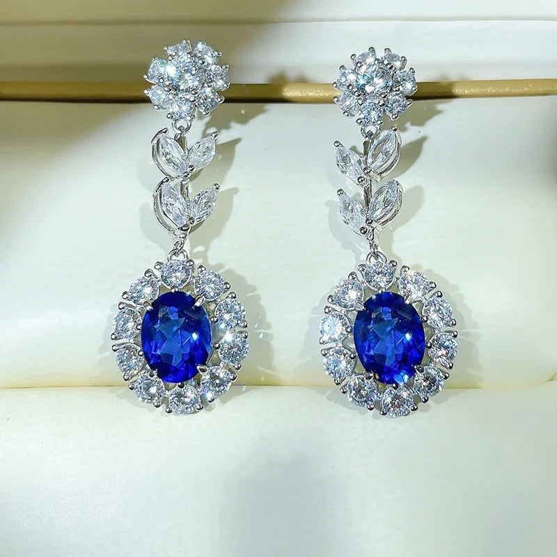 Huitan Flower Dangle Earrings – Blue & White CZ Silver Drop