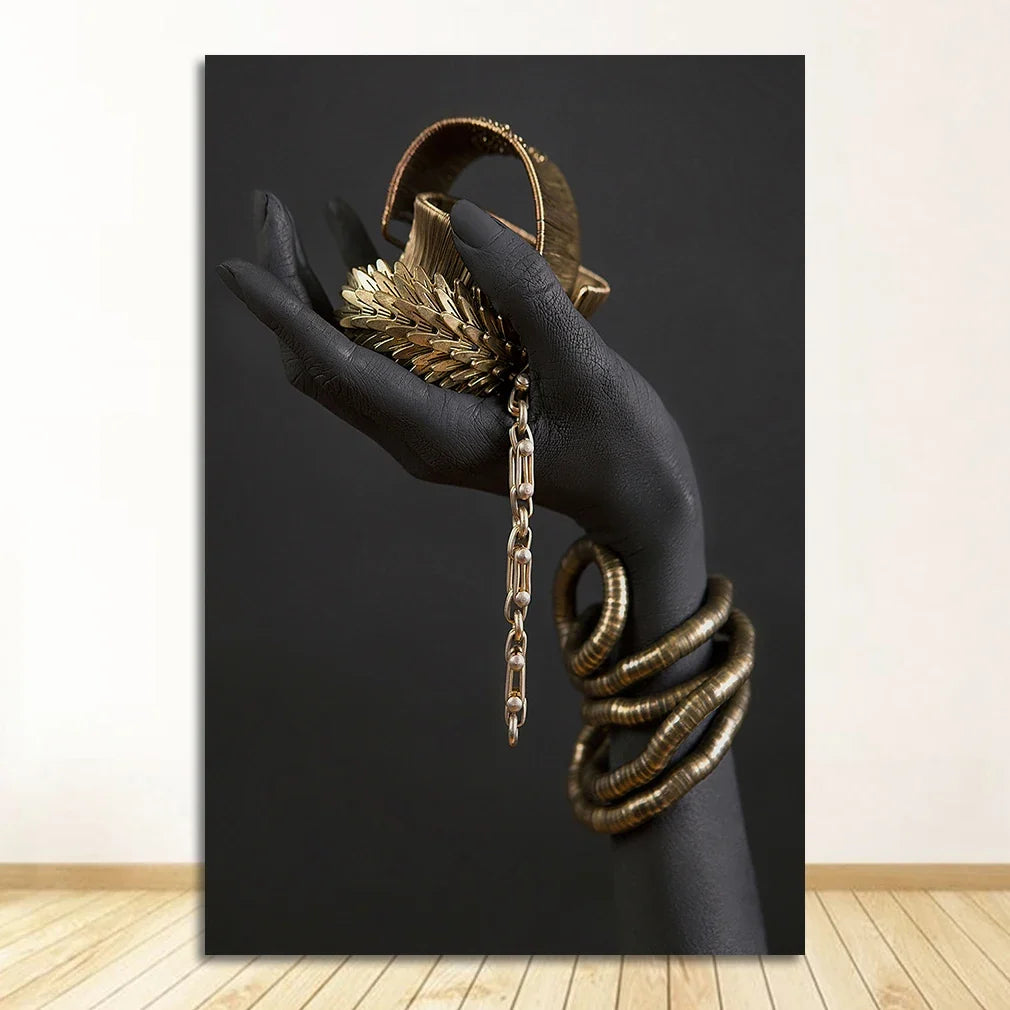 African Black Woman Canvas Wall Art | Gold Jewelry Poster Print