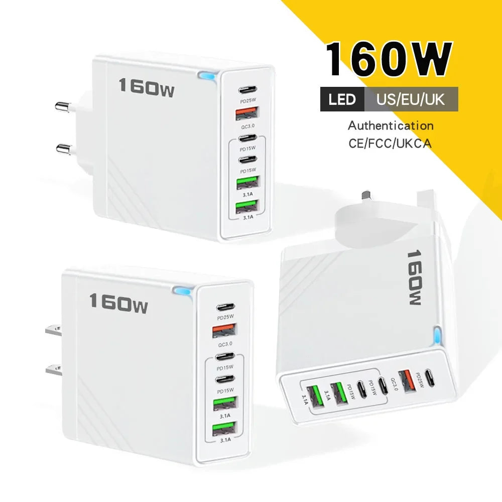 160W 6-Port USB-C PD & QC3.0 Fast Wall Charger | EU US UK