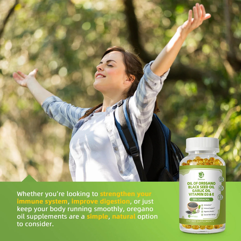 Oregano Oil Capsules + Black Seed Oil, Garlic, Vitamin D3 & E