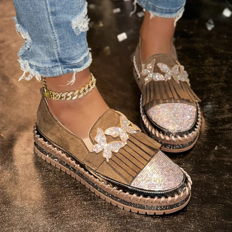Women's Rhinestone Loafers – Cow Suede Slip-On Flat Shoes