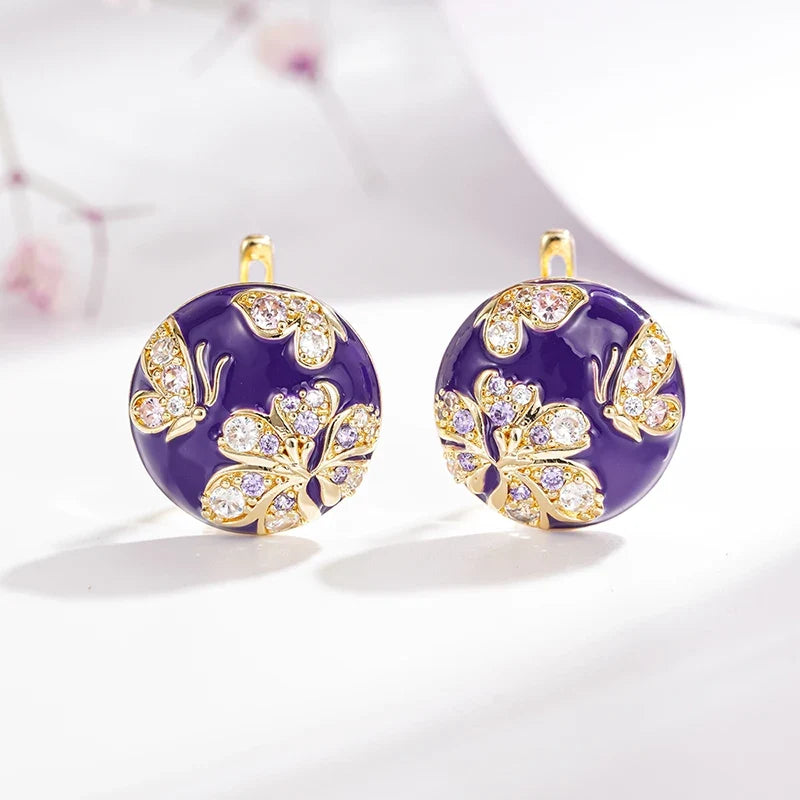 Huitan Purple Flower Enamel Gold Hoop Earrings for Women