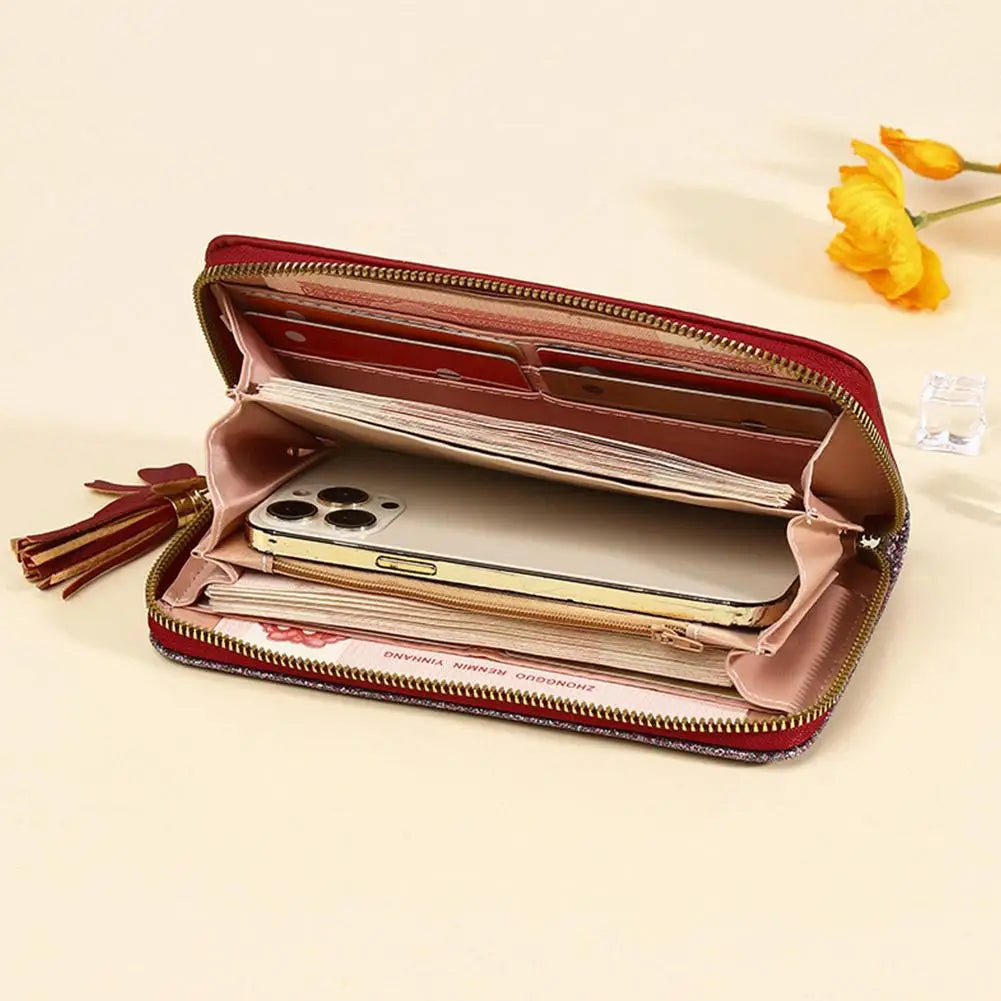 Women's Glitter PU Leather Wallet – Tassel Zipper Clutch Purse