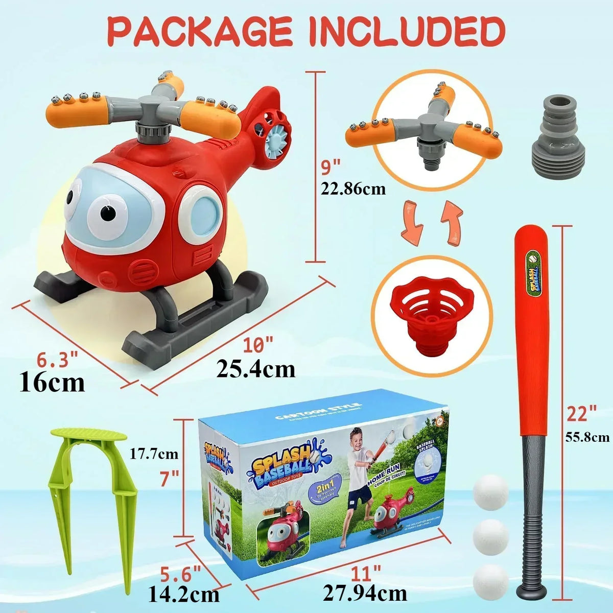 2-in-1 Kids Water Sprinkler Baseball Set | Helicopter Yard Toy