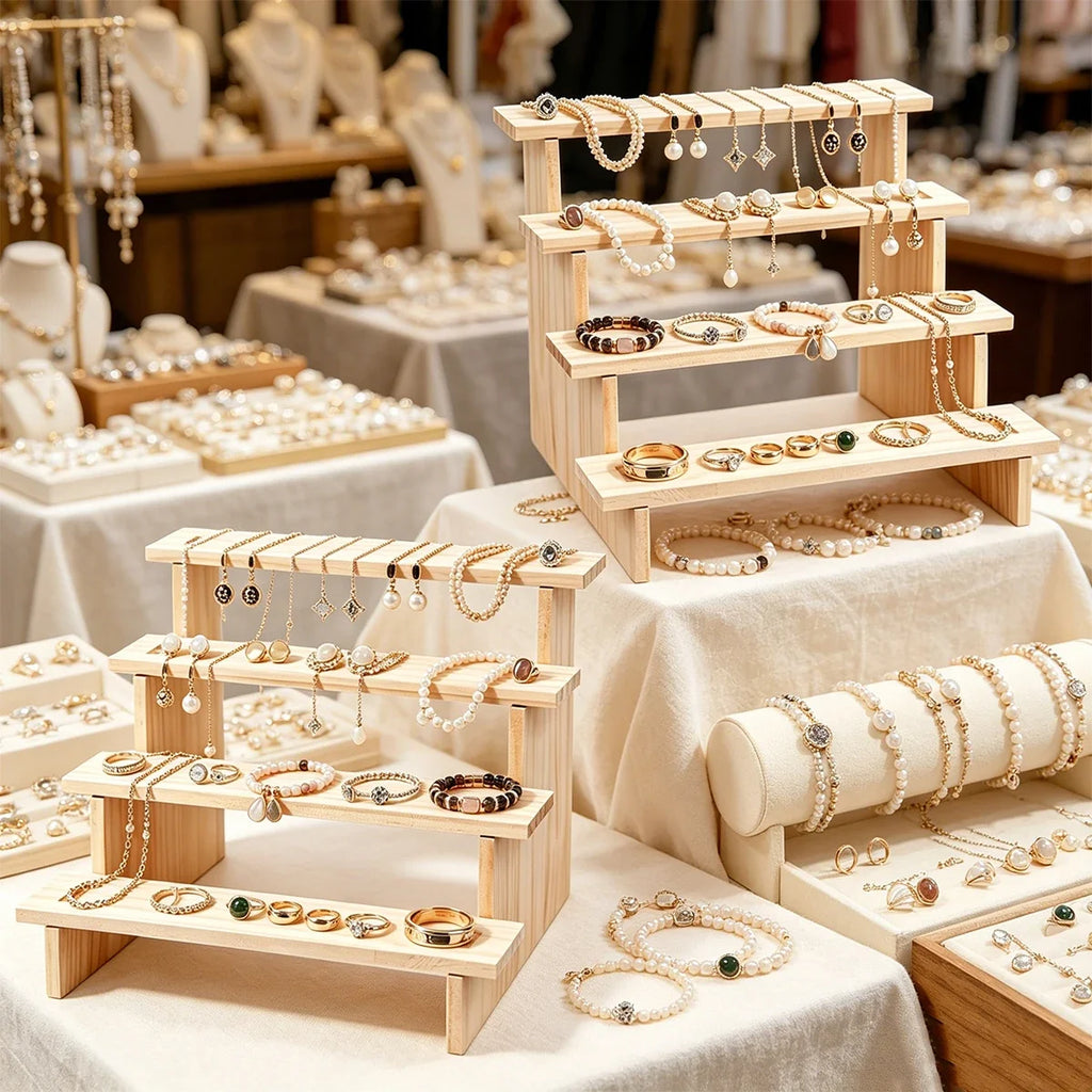 Multilayer Wooden Jewelry Storage Rack Earrings Necklace Display