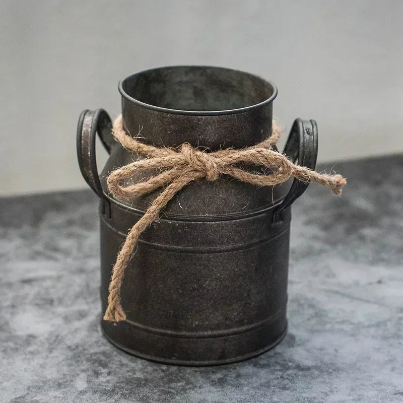 Retro Tin Flower Bucket Vase – Vintage Metal Milk Jug Planter