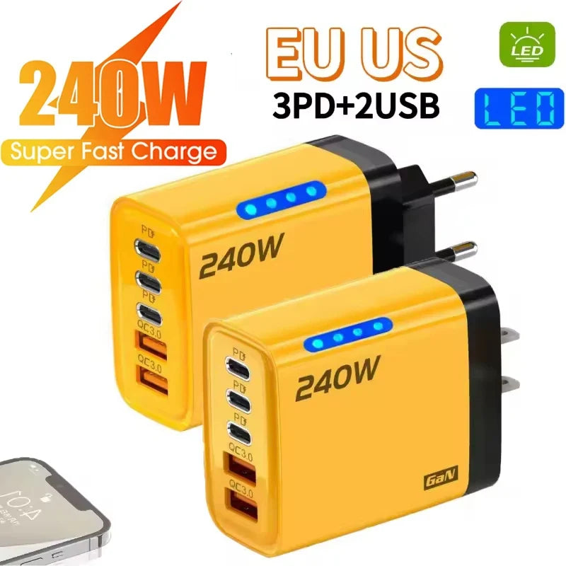 5-Port 240W USB-C PD Fast Wall Charger | iPhone & Samsung