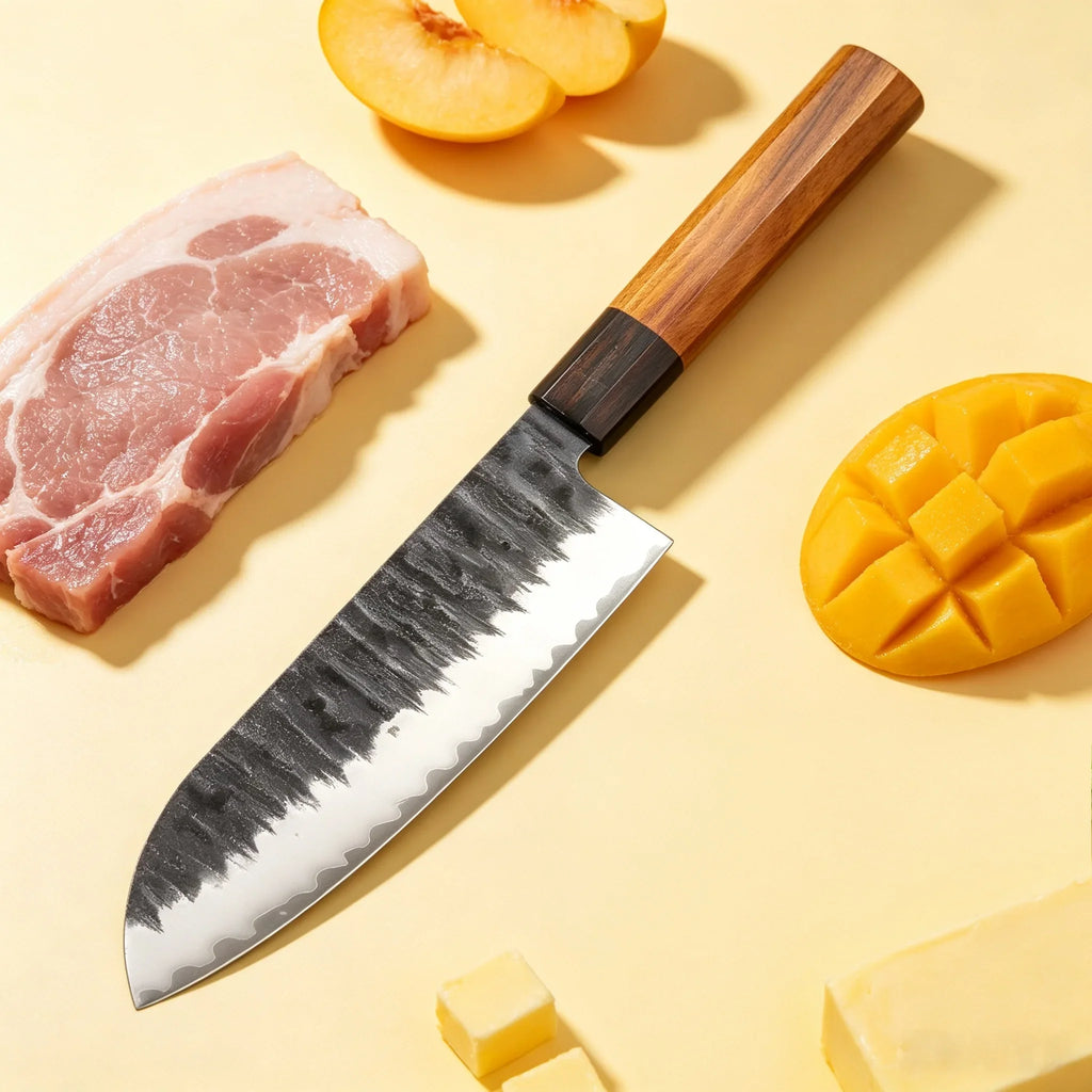 Premium Japanese Santoku Knife – Clad Steel, Wood Handle
