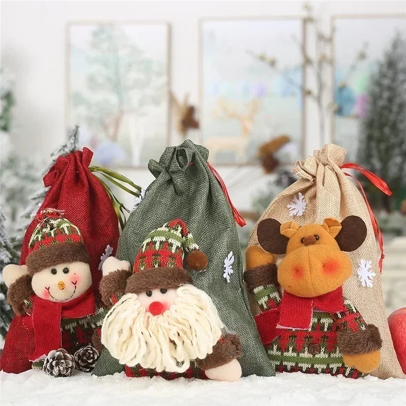 Linen Drawstring Christmas Gift Bags | Holiday Candy Bags