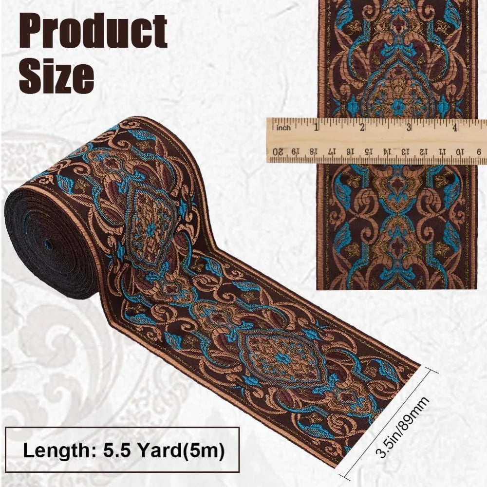 5M Floral Jacquard Ribbon Deep Sky Blue 3.5 Inch Craft Trim
