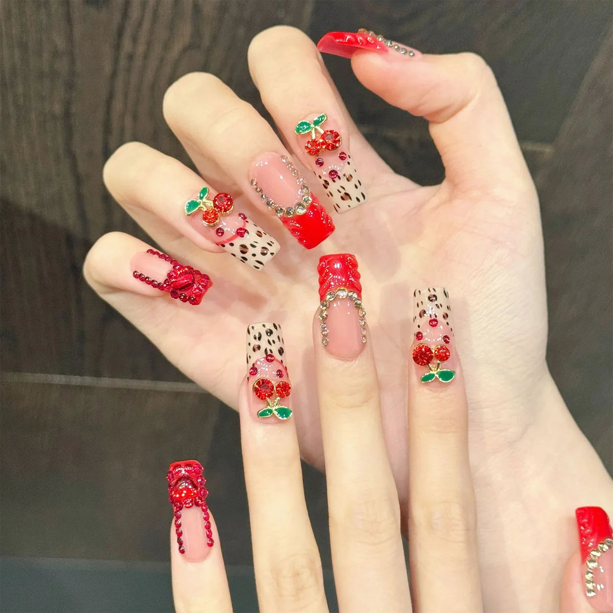 Cherry Red Leopard Press On Nails | Glitter Rhinestone French