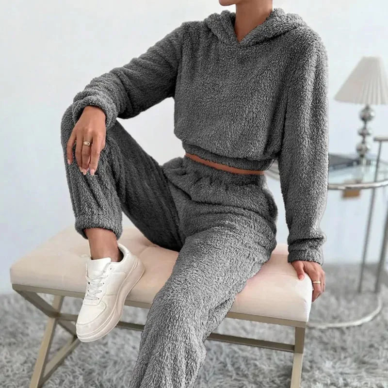 Women's Plush Hooded Loungewear Set – Cozy Winter Homewear