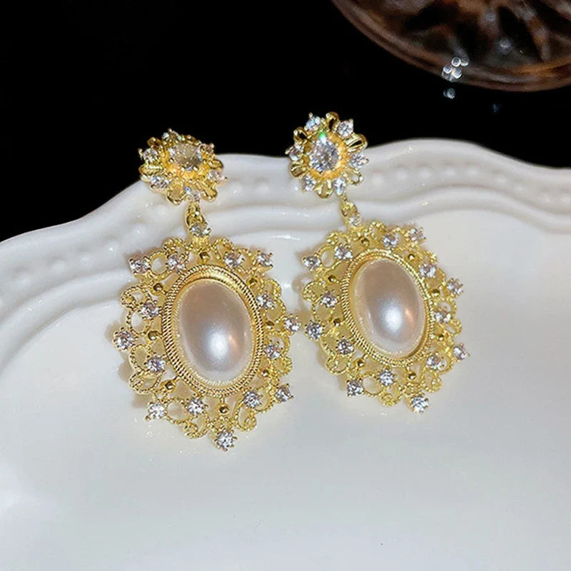 Huitan Gold Simulated Pearl Dangle Earrings – Bridal Wedding