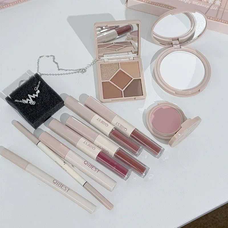 QiBest 10-Pc Makeup Gift Box Set – Lipstick, Blush & Necklace