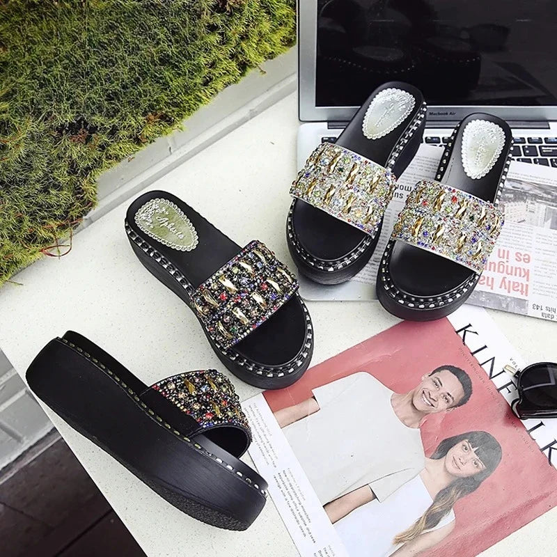 Women's Crystal Rhinestone Wedge Slides – Platform Beach Sandals