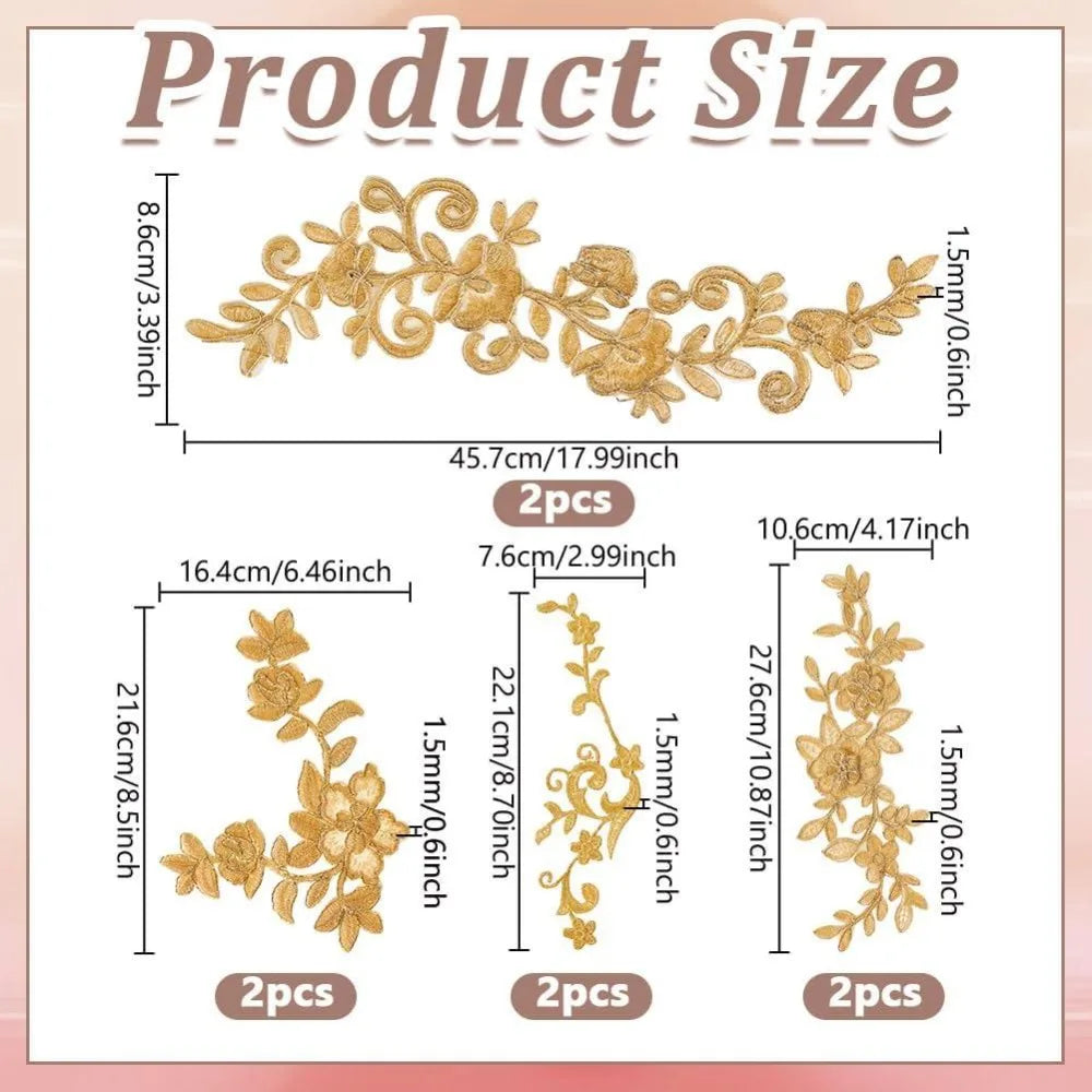 8-Pc Golden Lace Flower Iron-On Sew-On Embroidery Patches