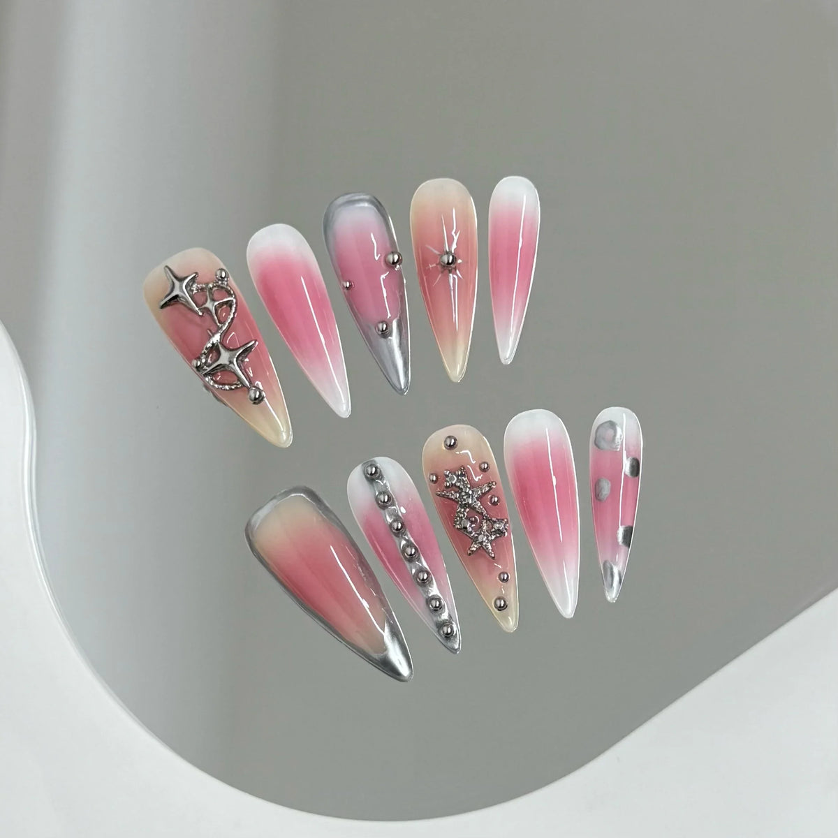 Y2K Pink Blush Press On Nails | 3D Star Long Pointed Tips Set
