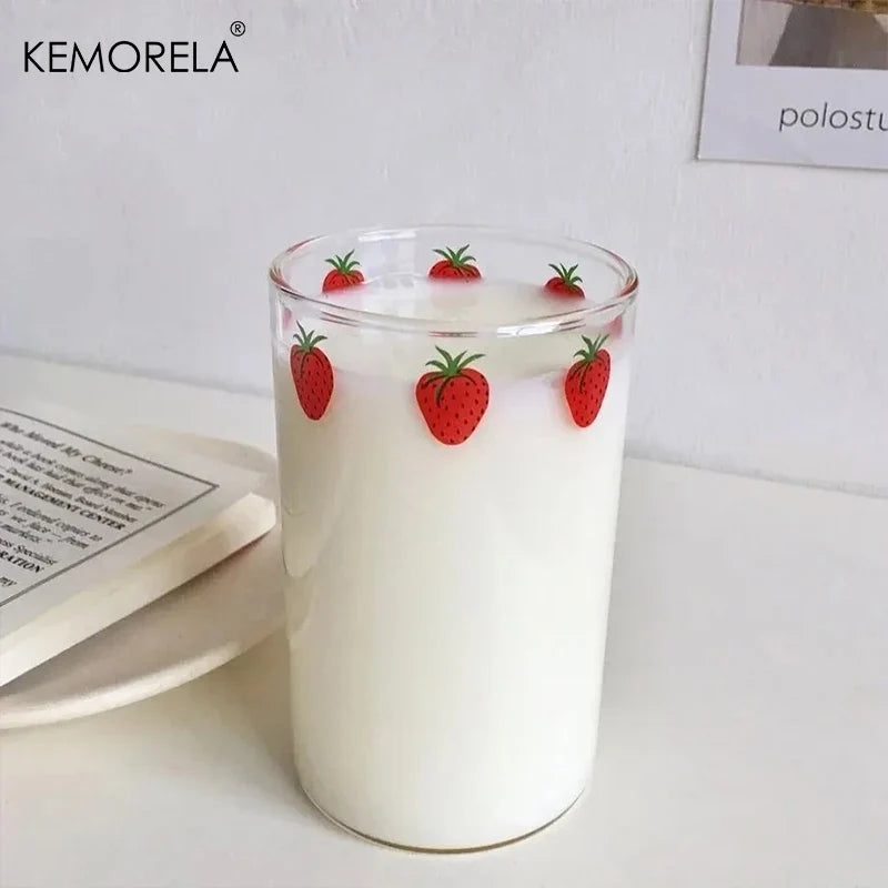 KEMORELA 300ml Cute Glass Cup – Strawberry Orange Design