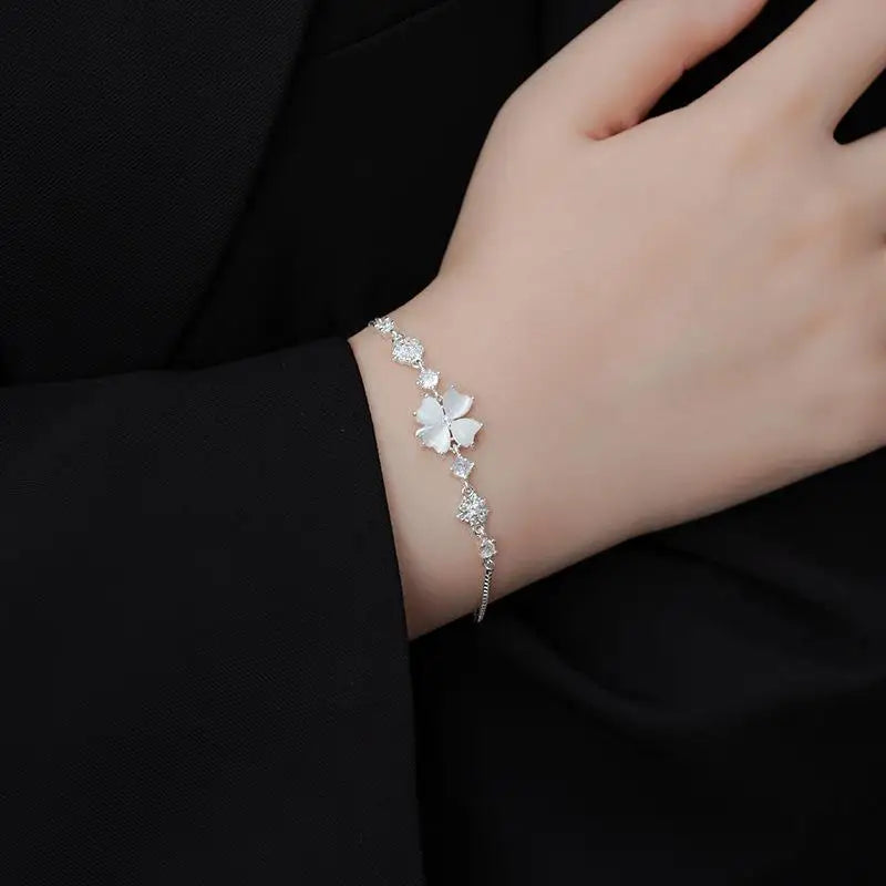 Four Leaf Clover Zircon Opal Charm Bracelet | Adjustable Bangle