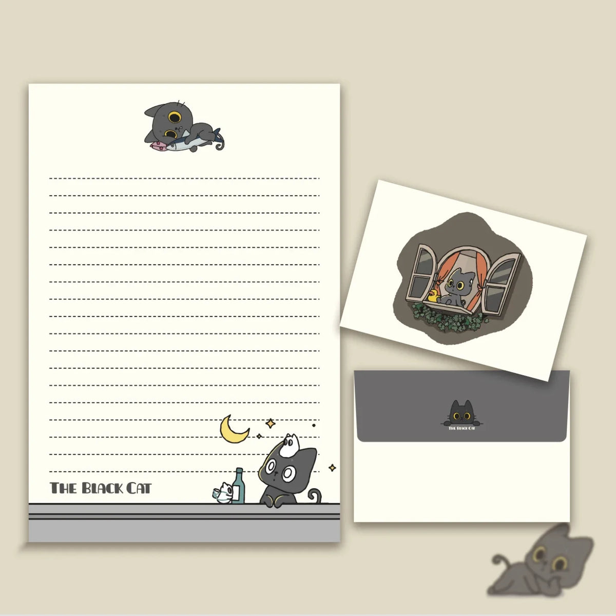 Cute Little Black Cat Envelope Paper 4 Sheets Envelopes Suitable