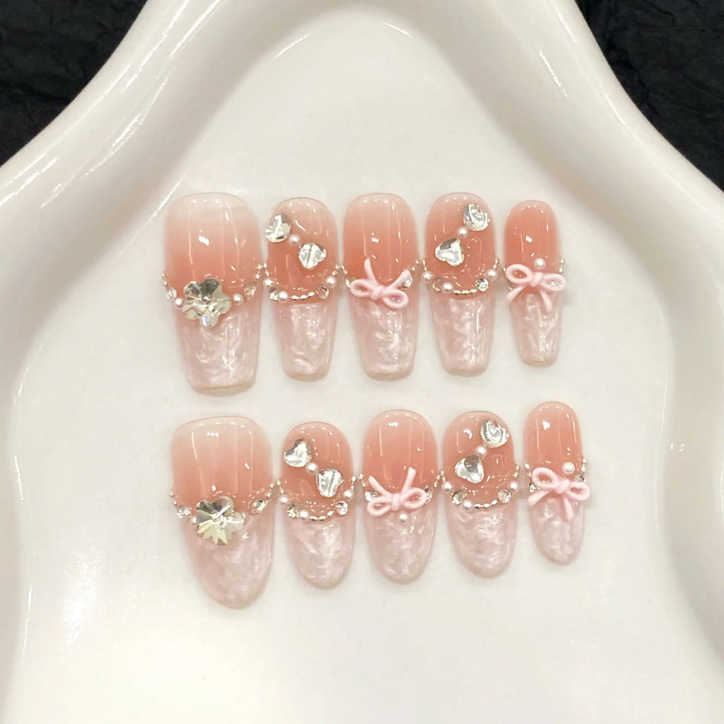 French Press-On Nails Sweet Bow Glitter Rhinestone 10pcs Set