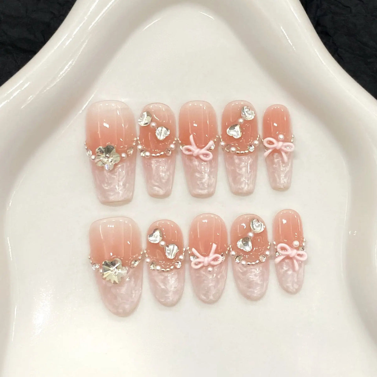 French Press-On Nails Sweet Bow Glitter Rhinestone 10pcs Set