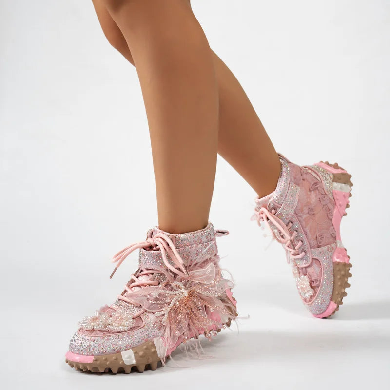 Women's Rhinestone Knitted High-Top Sneaker Boots Thick Sole