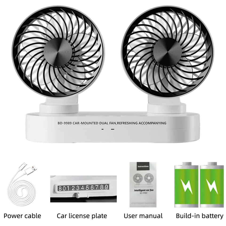 URGGU Dual Head USB Car Fan – 360° Adjustable, 3 Speeds
