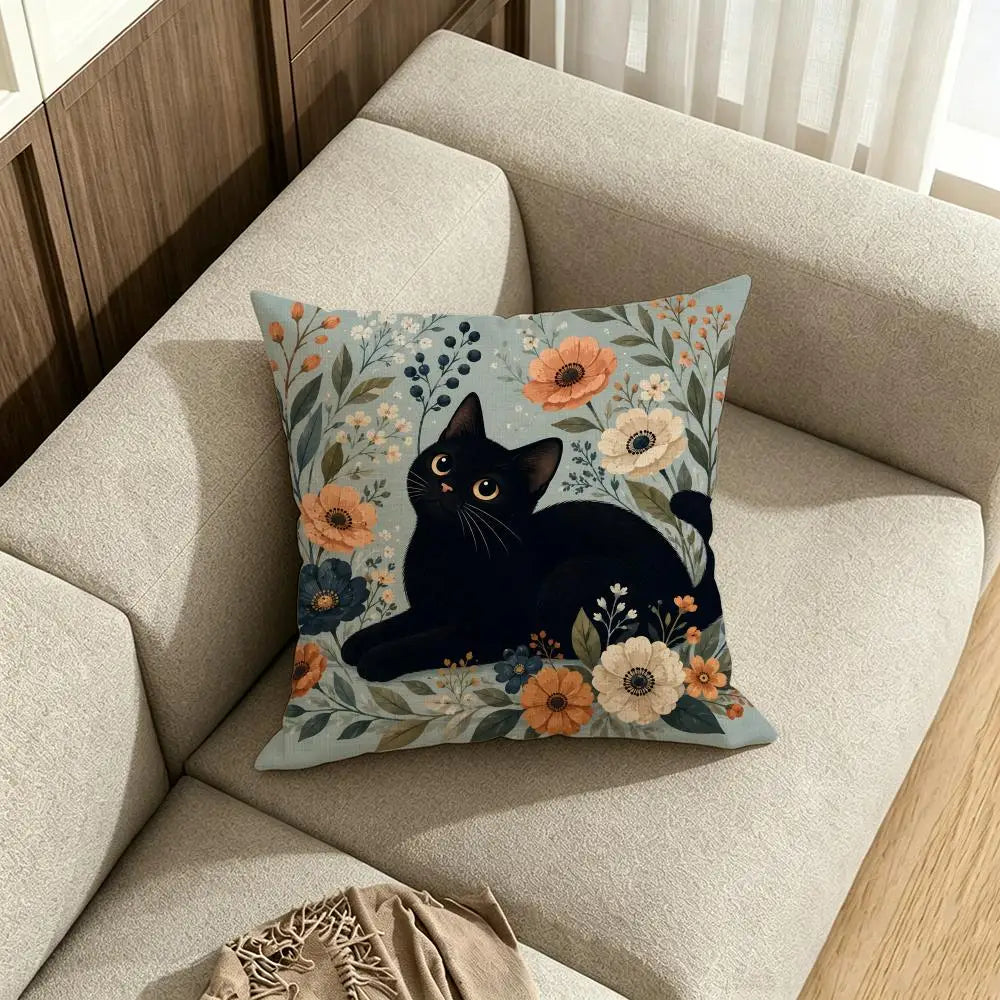 Black Cat Floral Linen Cushion Cover | Sofa & Bedroom Decor