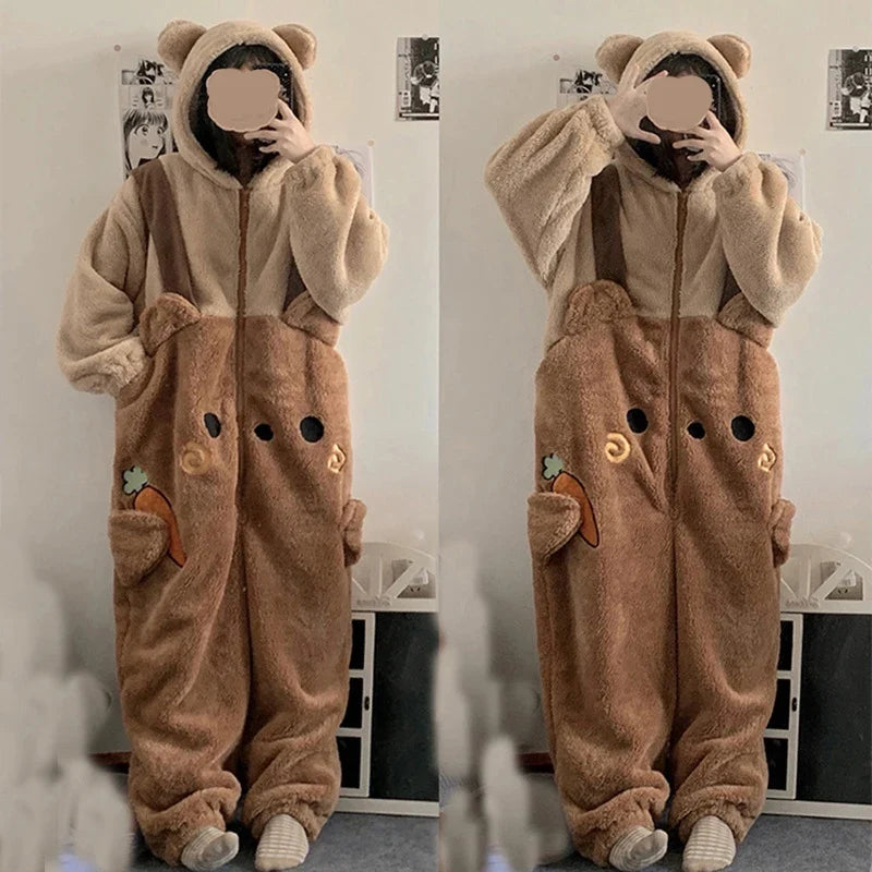 Flannel Animal Onesie Pajamas – Unisex Hooded Bear Sleepwear